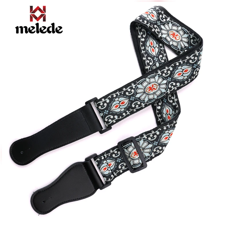 New products vintage jacquard woven 2 inch wide lotus acoustic guitar strap with real leather ends,green&black available