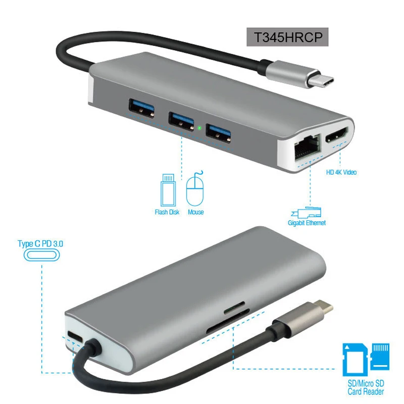 
USB 3.1 Type C Hub to UHD 4K HD-MI/USB3.0/SD/MicroSD/RJ45/8 in 1 Adapter 