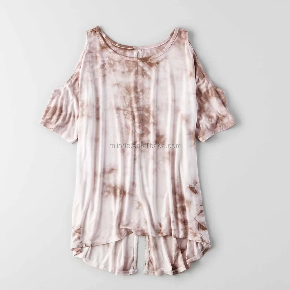 95% Rayon 5% Elastane Comfort Soft Sexy Keyhole Back Cold Shoulder Crew Neck Jersey Woman Summer Tie Dye T-Shirt