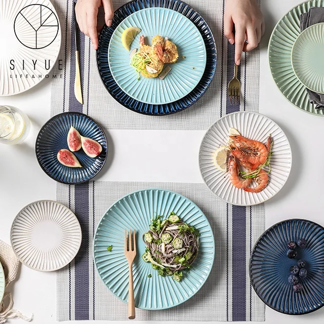 Керамические тарелки для домашнего использования, цветные глазурованные круглые полосатые фарфоровые тарелки, персонализированные тарелки, тарелки 1081