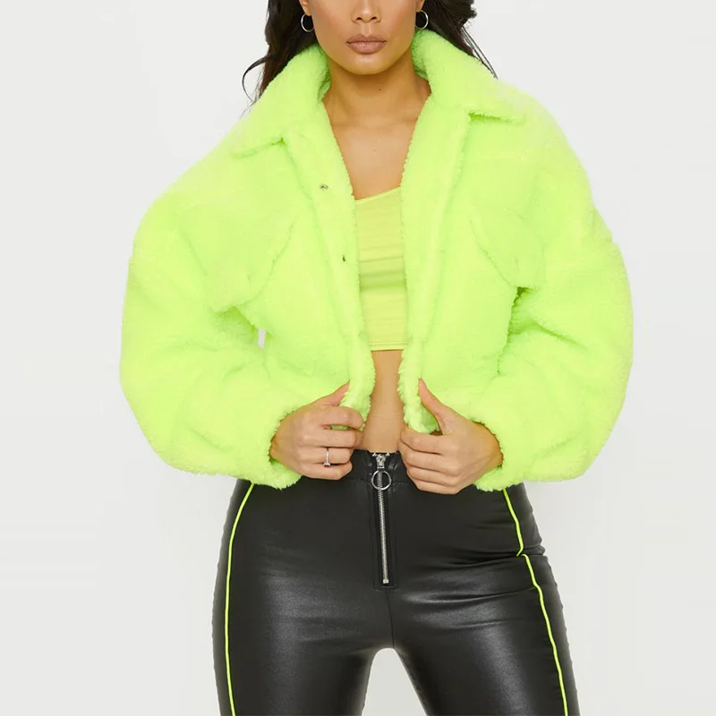 Hot Sale Autumn Neon Green Teddy  Faux Fur  Drop Shoulder  Casual  Crop Trucker Jacket  Women