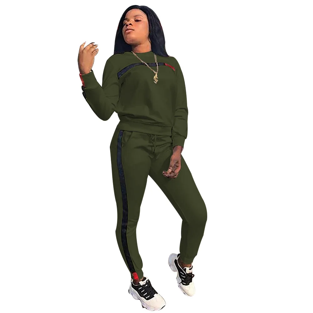 
2021 New Arrivals Fashion Women Casual O-Neck Long Sleeve Sweater Tops long Pants Front Side Striped 2 Piece Set Tracksuit 