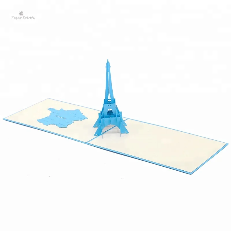 3D greeting card blue Eiffel Tower papercuting origami gift pop up cards