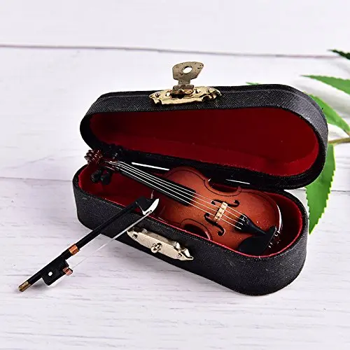 Size 3 inch Mini Violin Dollhouse Miniature Musical Instrument Wooden Model Decor Bow, Stand Support Case
