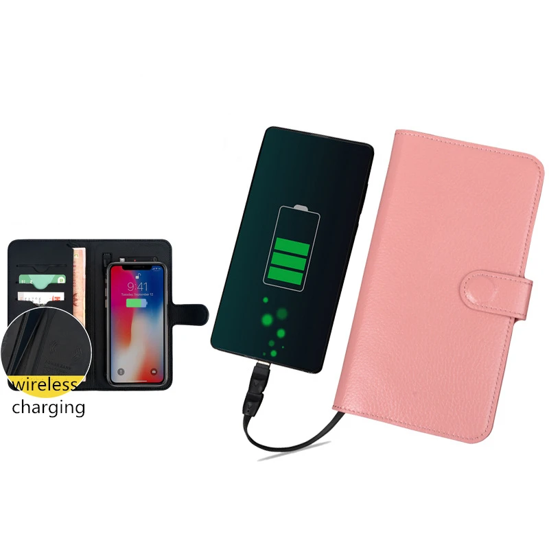 2019 New Design High quality 6000mAh Wireless Charging Leather Wallet Power Bank