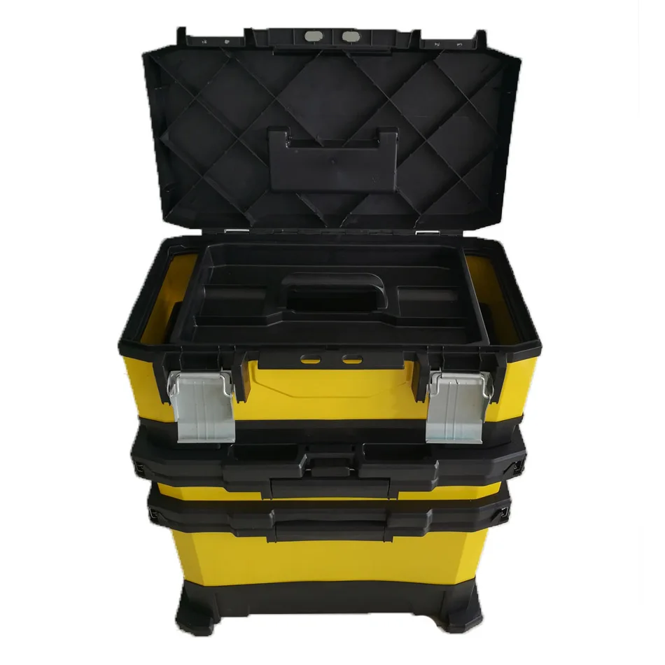 Stackable rolling toolbox plastic mobile tool box cart with wheels and telescopic comfort grip handle with wheels
