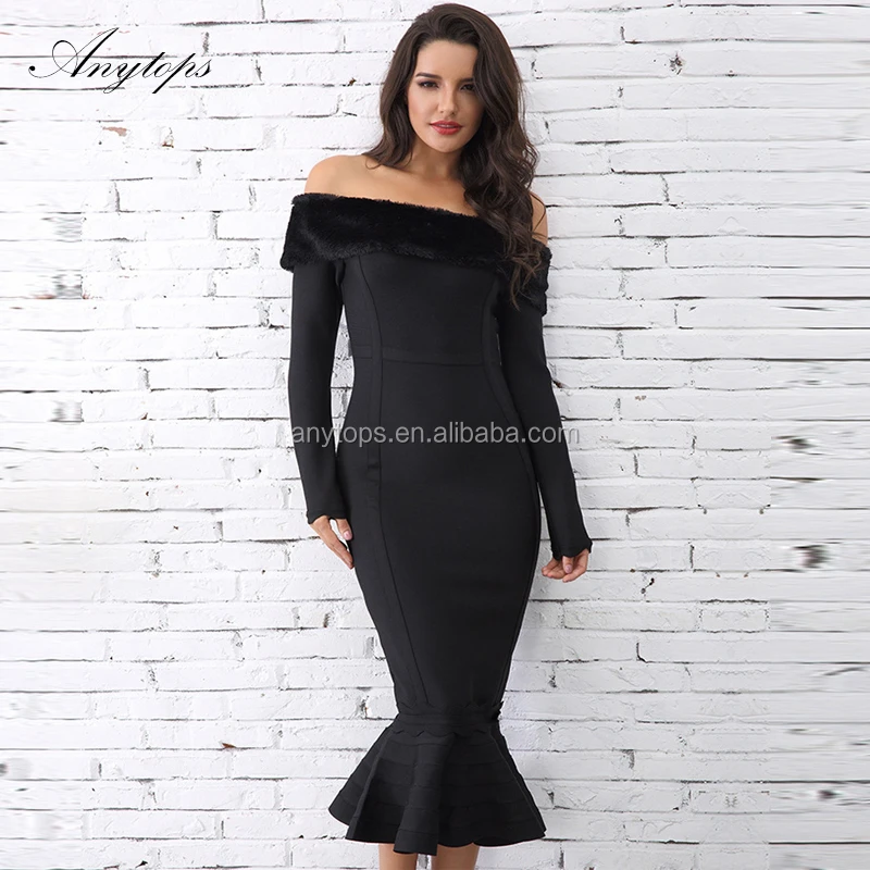 Own Design Western Women Black Long Sleeve Lady Fishtail custom made evening dress Fur Trim Dresses 2019 bandage dress