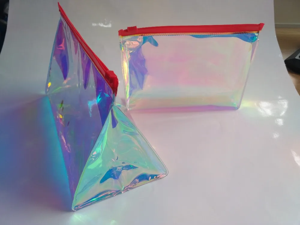 Custom holographic washable Tpu toiletry cosmetic bag transparent holographic travel  pvc makeup bag
