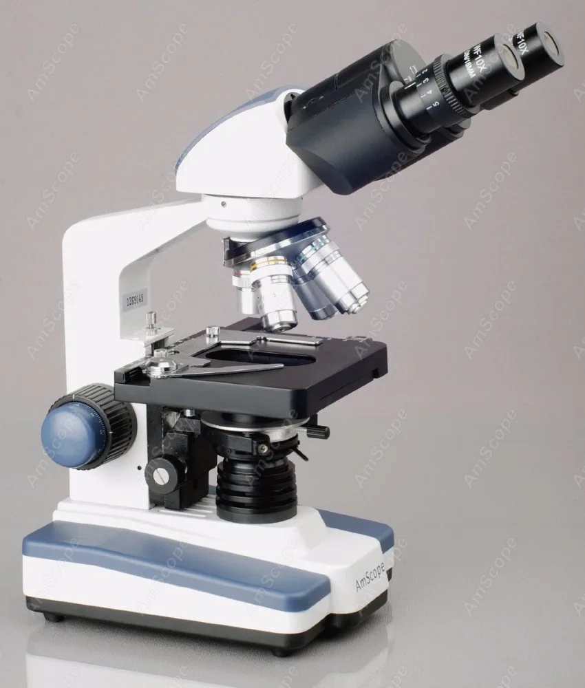 AmScope 2500X LED Lab Binocular Compound Microscope w/ 3D Stage, Book & Blank Slide Set