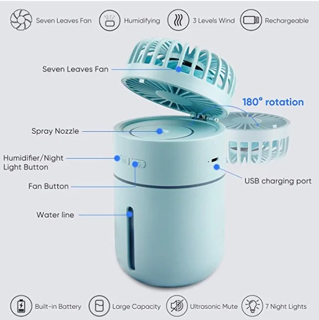wholesale 3 in 1 rechargeable mini plastic air ventilation humidifier portable  cool misting fan foldable water spray fans