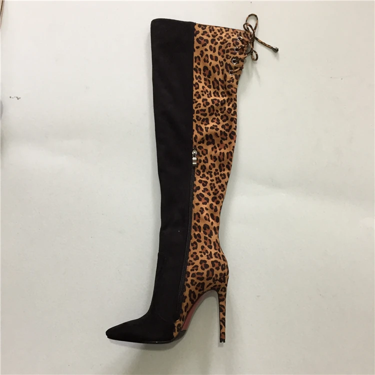 Leopard Print Knee High Boots Sexy 2021 Stiletto High Heel Long Lace Up Pointed Toe Thigh High Boots