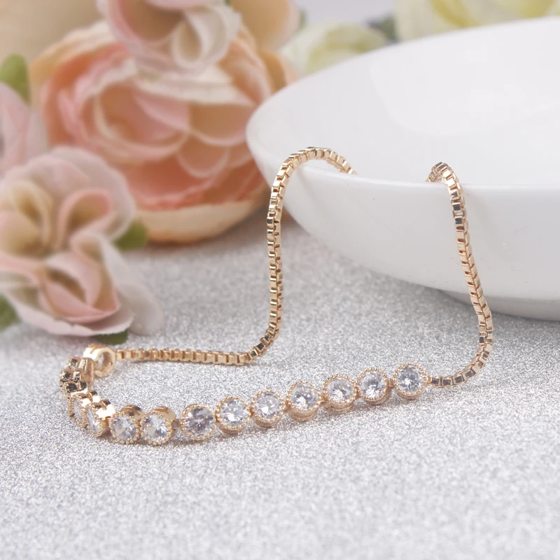 Exquisite Classic Round Cut Cubic Zirconia CZ Crystal Bolo Bracelets Adjustable for Women Girls Children