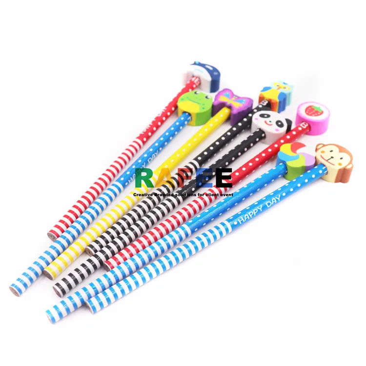 Office School Supplies Students Children Gift  Colorful Stripe Wooden Pencil With DIY Detachable Novelty Cartoon Animal Eraser