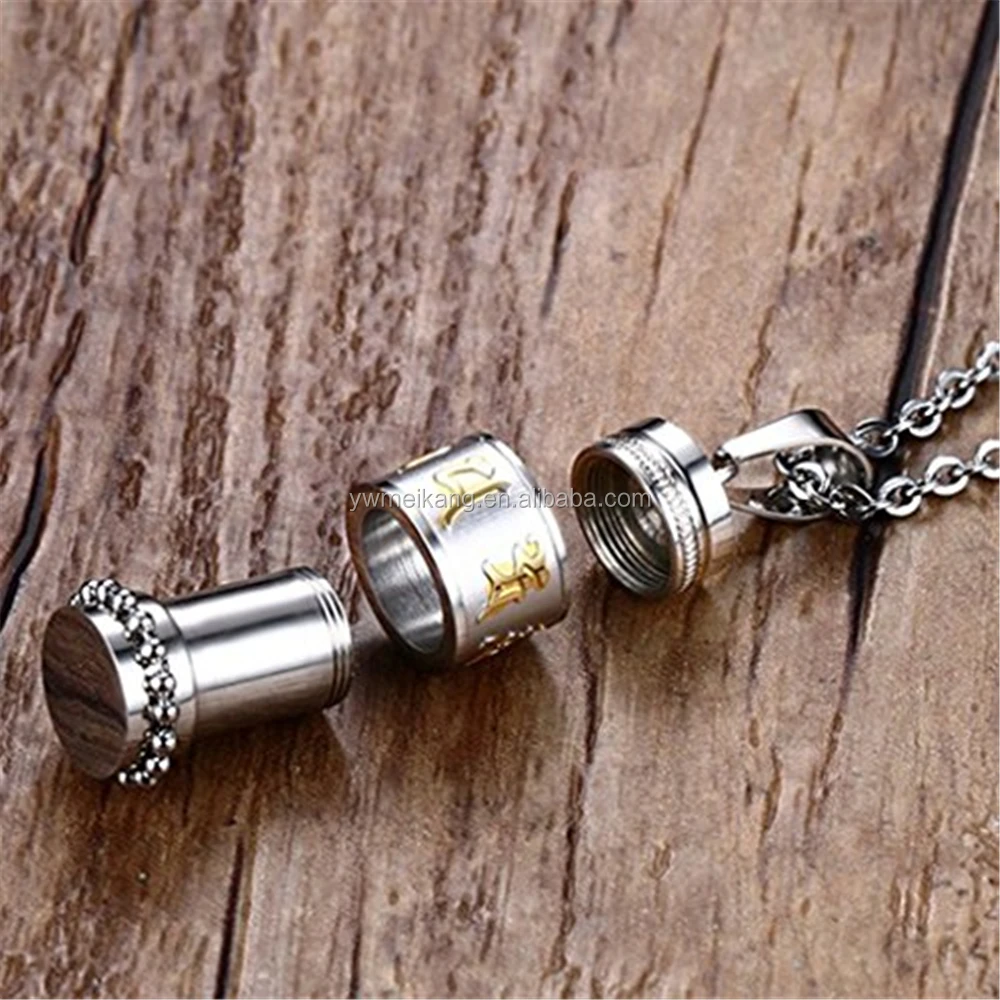 Stainless Steel Cremation Jewelry Drum Bottle with Gold Plating Om Mani Padme Hum Pendant Memorial Urn Chain Necklace
