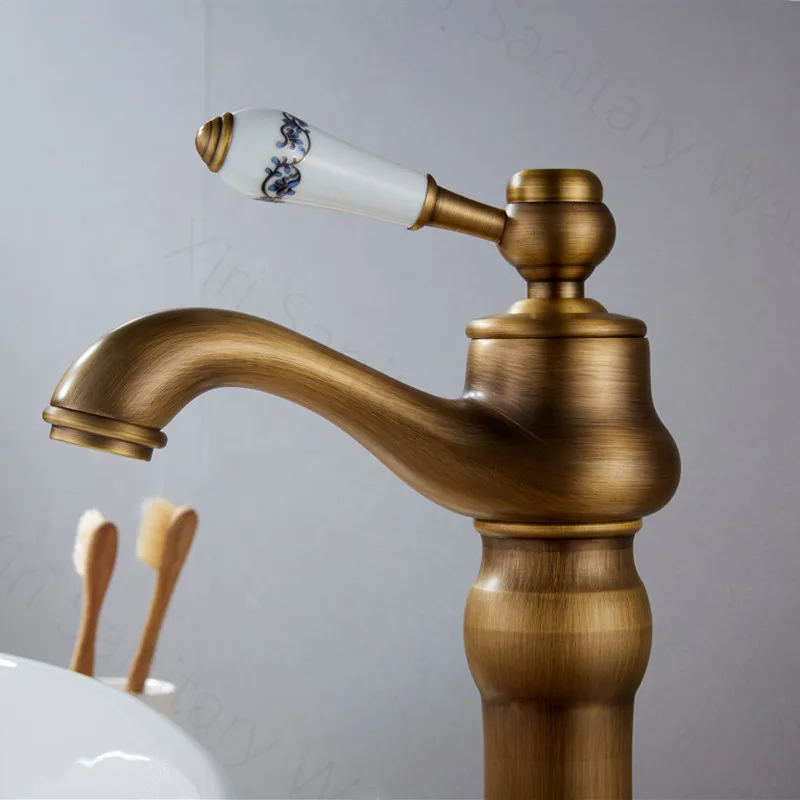 Antique Brass Faucet Deck Mounted Curved Basin Faucet XiRi-8766 For Bathroom