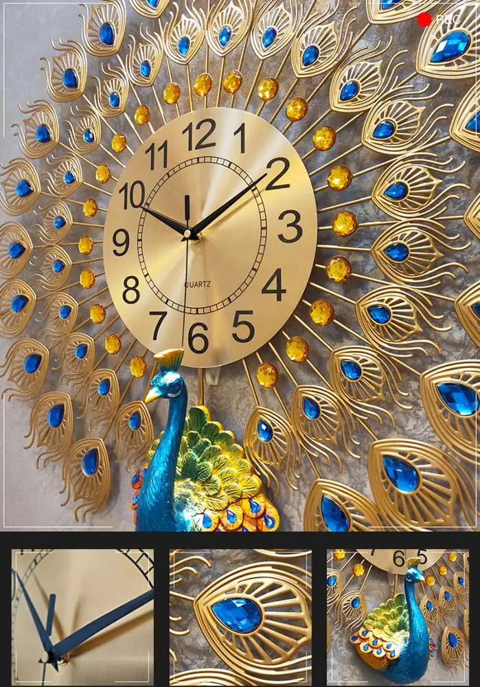 Wholesale hot sale 3D fashion peacock handmade mute wall clock wall hanging art craft gift reloj de pared