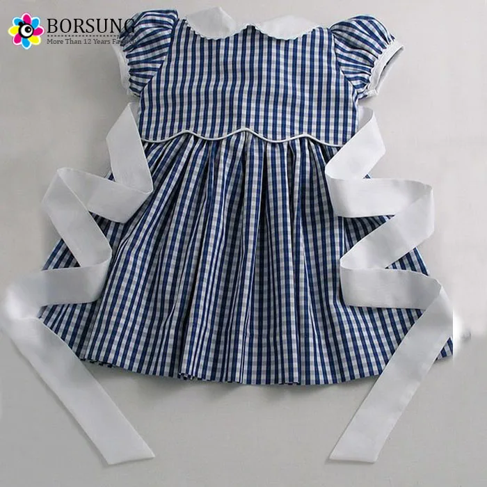 
Baby Cotton Latest Frocks Designs Kids Girls Navy Blue Gingham Cotton Smocked Bishop Dresses 