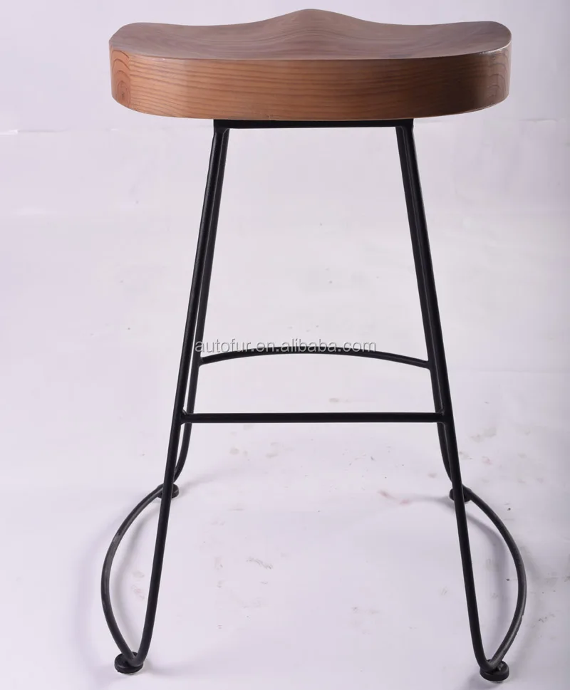 Factory Kitchen Metal Leg Wooden Seat solid wood Bar Stool