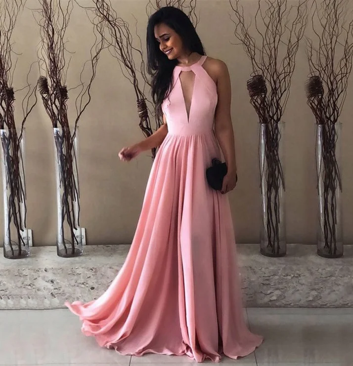 Simple And Beautiful Sexy Women Korean Style A Line Pink Evening Gown Dresses