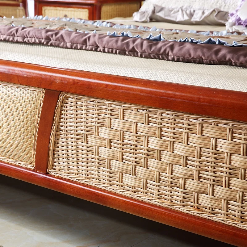 Sample Nice Design Home Furniture Cane Wood Hand Carved Bed Set