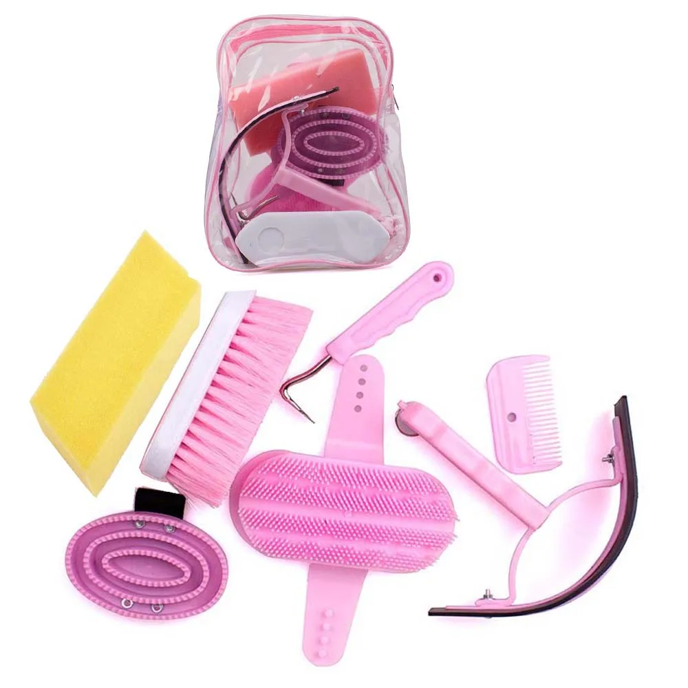 Pink 7pcs Cheap Custom Horse Grooming Kits Brush Tool Mitt Bag Set