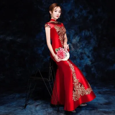 
Chinese Traditional Dress For Women High Neck Cap Sleeves Mermaid evening dress Elegant Embroidered cheongsam 