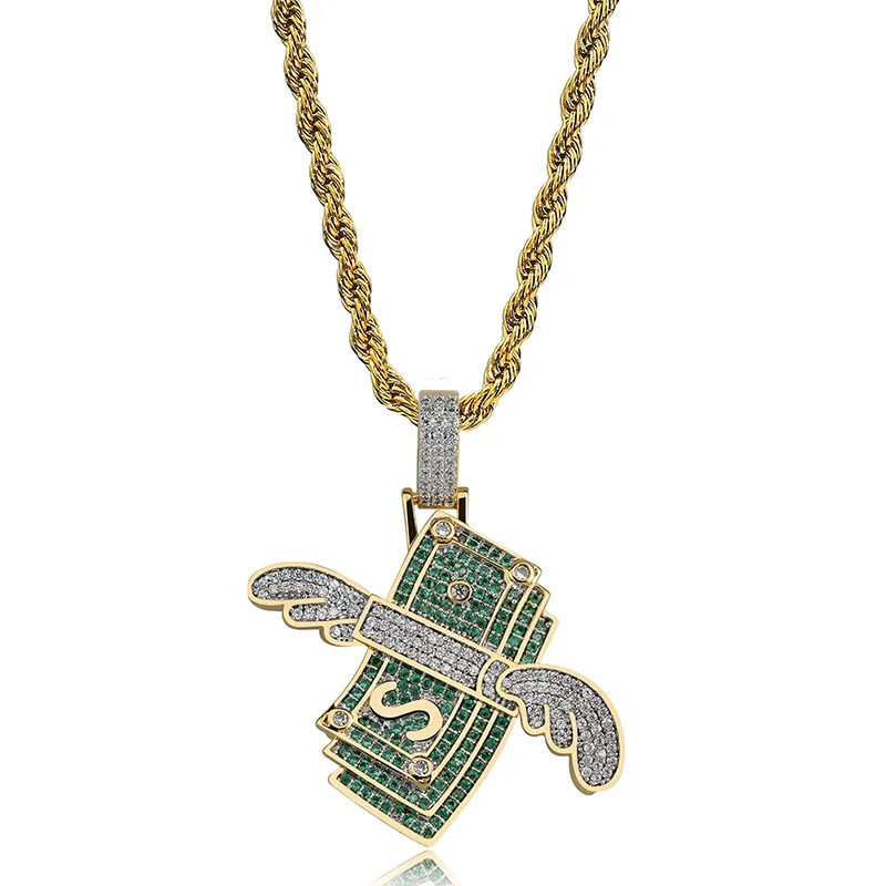 Hip Hop 14k Gold Plated Iced Out CZ Diamond Flying Wings Charm Dollar Pendant Necklace