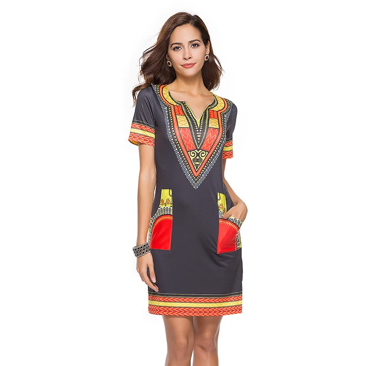 
Wholesale Amazon Hot Sales African Print Kitenge Short Dress Designs Pictures African Women Dress 