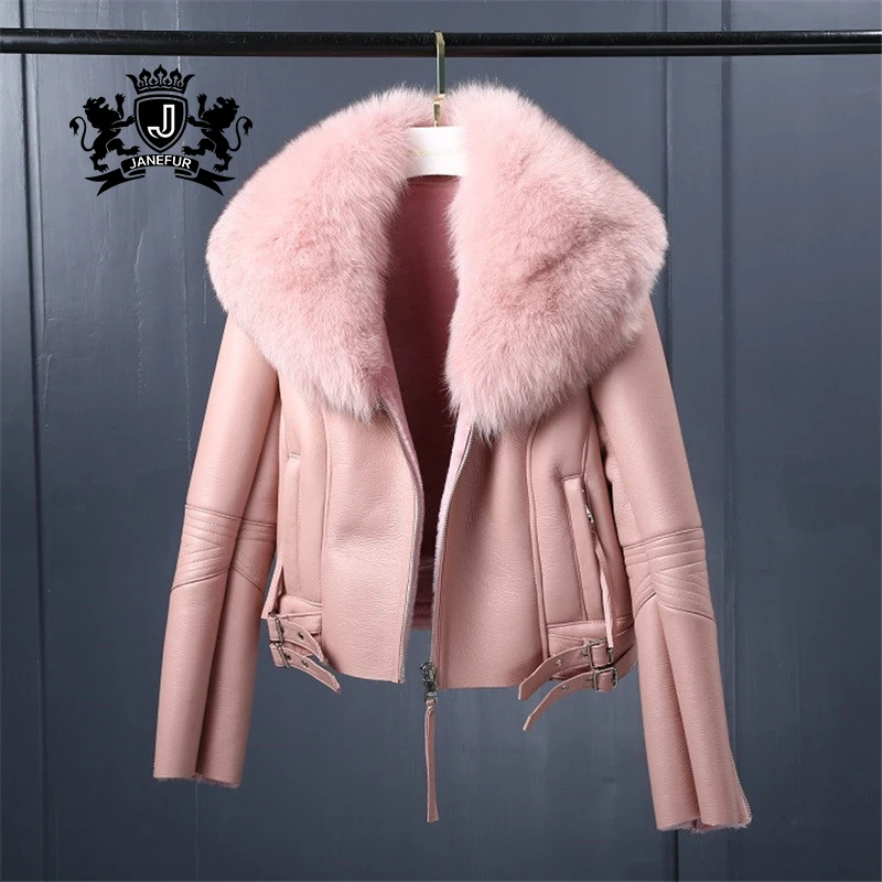 Fashion  Elegant Winter Plus Size Motorcycle Genuine Leather Jacket For Woman