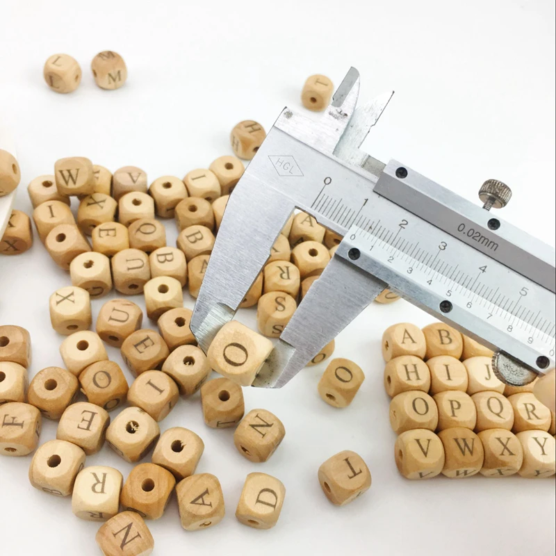 12mm Personalized Name Baby Teething Beads Wooden Beech Cube Alphabet Letter Beads