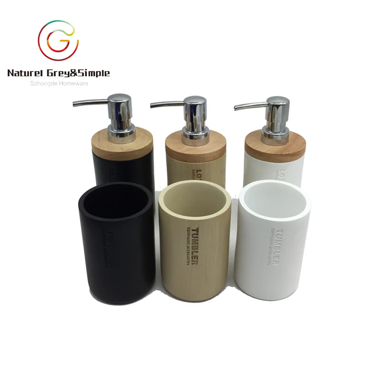 Polyresin Black Ceramic Look Tumbler Wooden Look Liquid Soap Dispenser