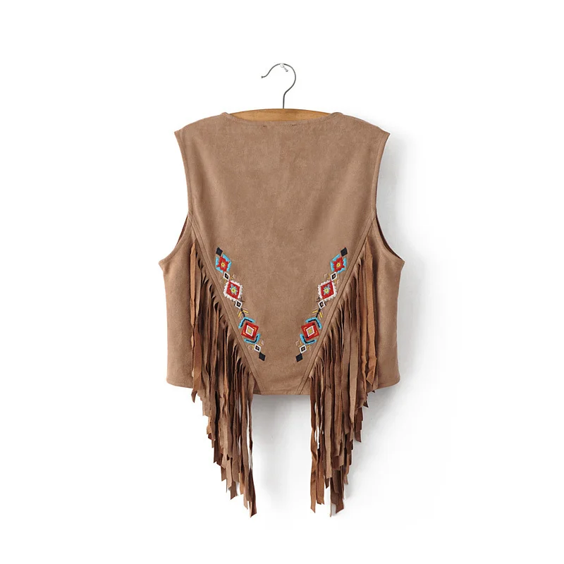 
women ethnic style ethical embroidery fake suede vest with fringes 