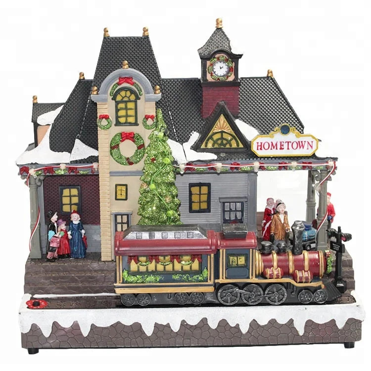 Wholesale  handicrafts Christmas decor Christmas village figurine with moving train Christmas village houses