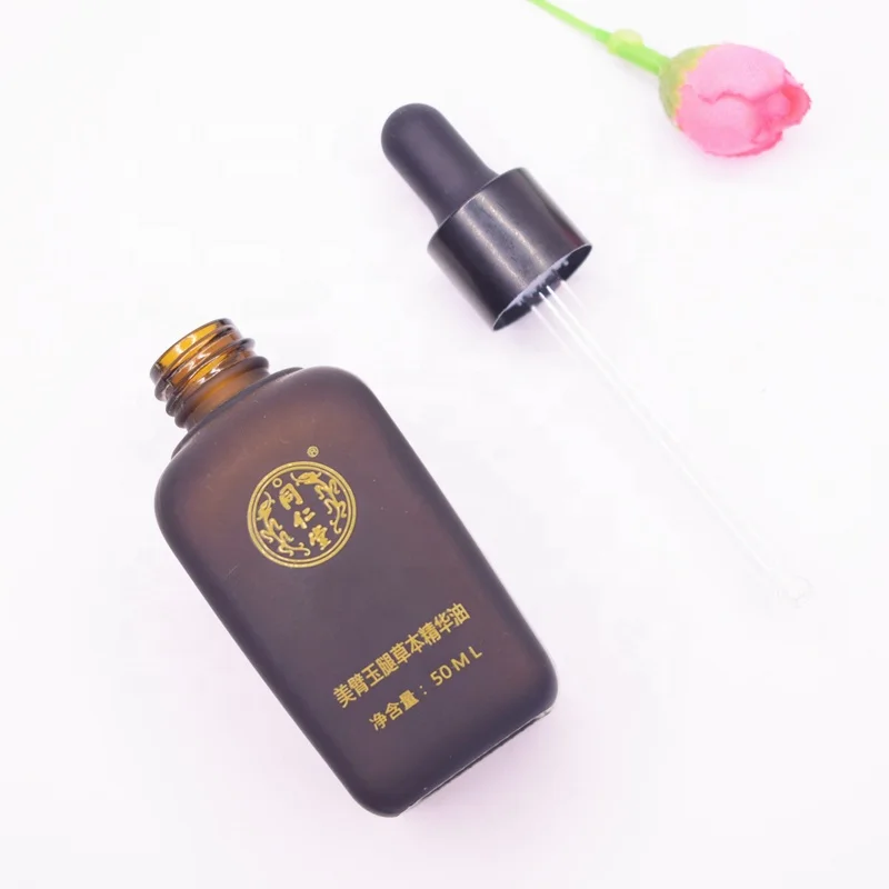 Fancy Empty Elegant 50ml/1.7OZ Amber Frost Square Hair Oil Glass dropper Bottle With Matt Black Pipette