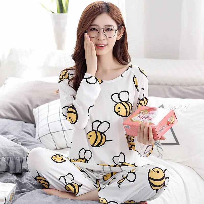 Fashion Summer Polyester Thin Long Sleeve Trousers Wheat Spike Woman Cute Cartoon Pattern Milk Silk Pajamas