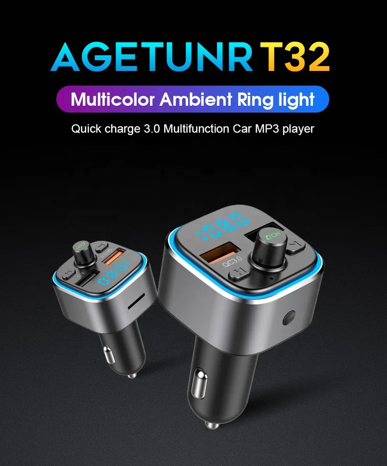 AGETUNR T32 Bluetooth V5.0 автомобильный комплект U диск/SD карта QC3.0 зарядное устройство Громкая связь стерео FM-передатчик MP3-плеер световой