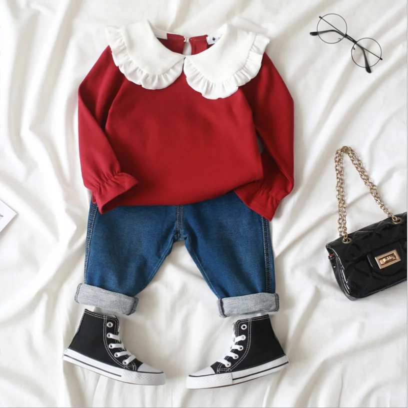 
fancy autumn sweet doll collar kids ruffle long sleeved top girl t- shirt 