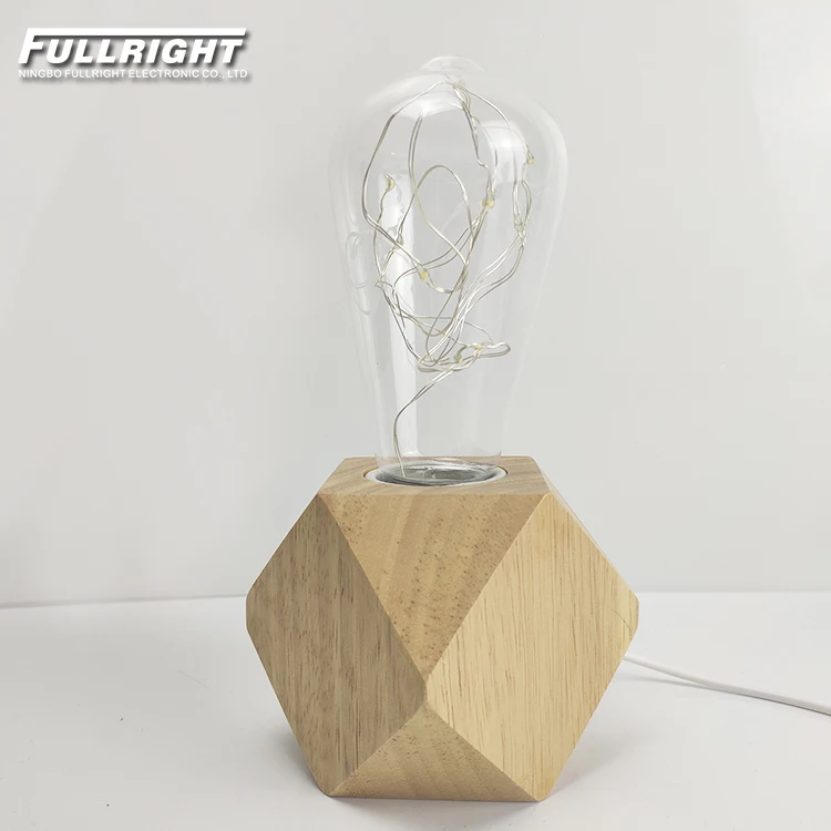 Modern bedroom decorative polyhedron wood vintage edison glass night table lamp