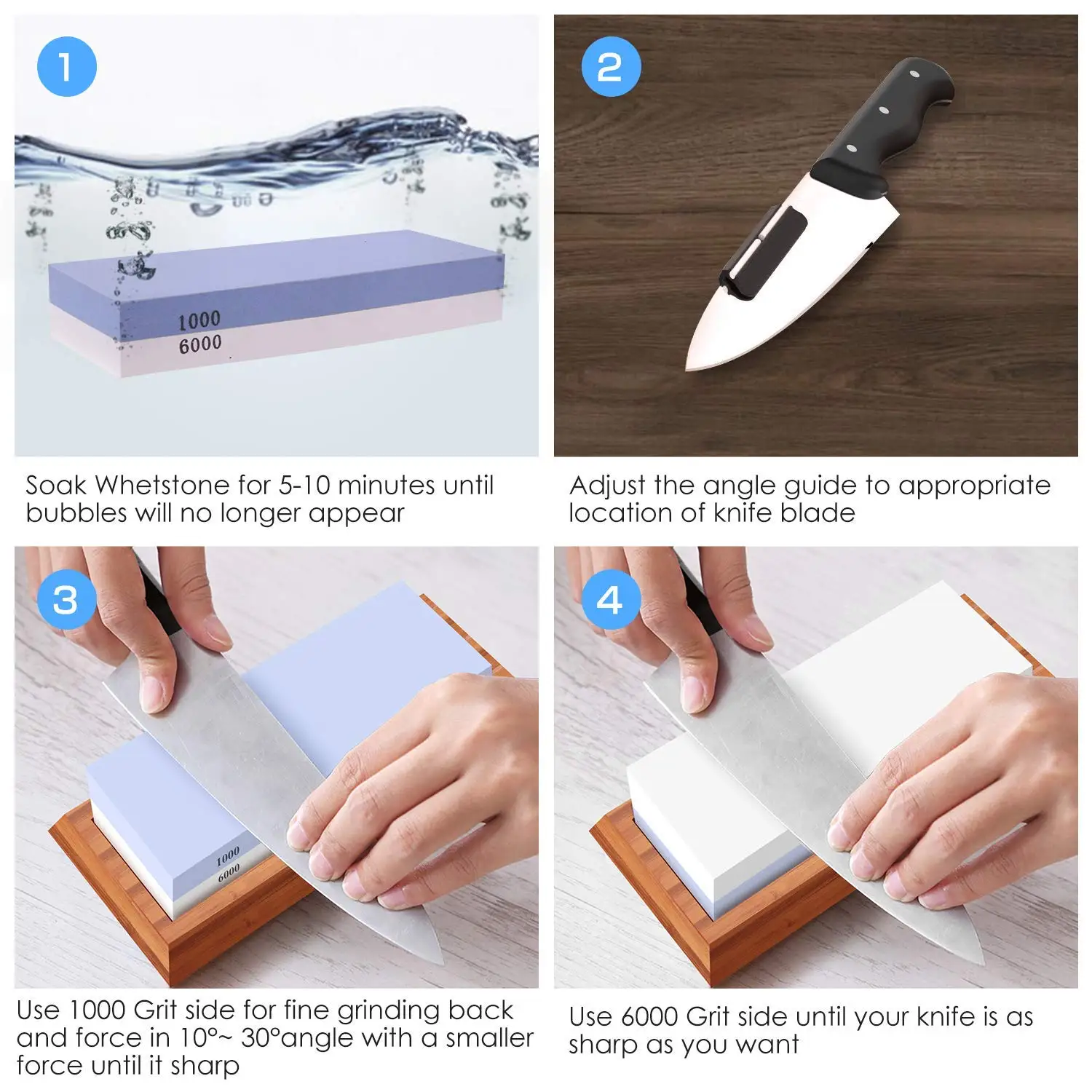 Натуральный точильный камень для ножей 1000 6000 с бамбуковой основой и направляющими для ножей