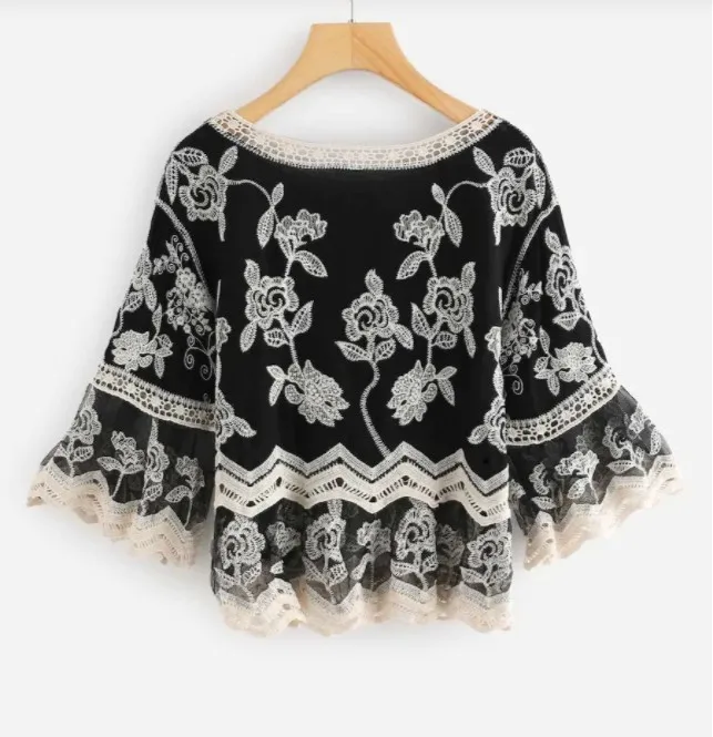 Plus size women floral embroidered crochet chevron casual top