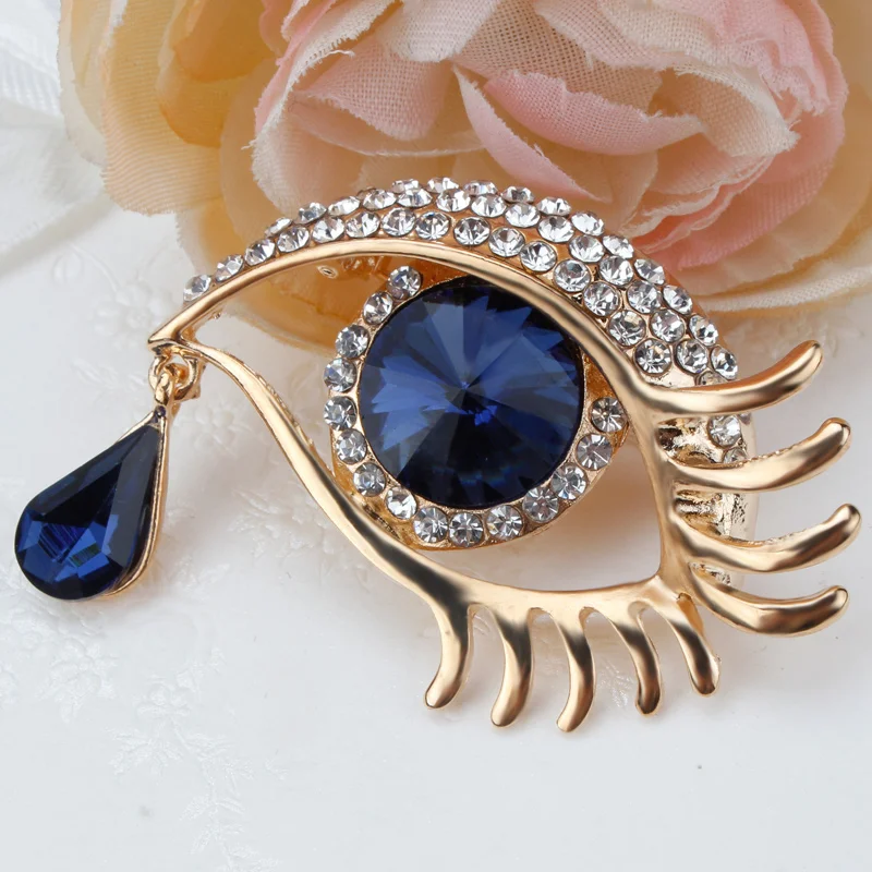 Factory Direct Sale High Quality Rhinestone Blue or Black Teardrop Crystal Eye Design Brooch Pins for Women