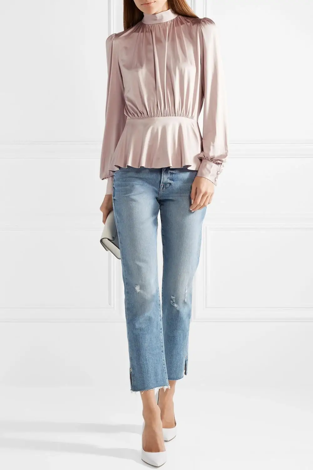 Office lady pink long sleeve silk satin ruffled women blouse