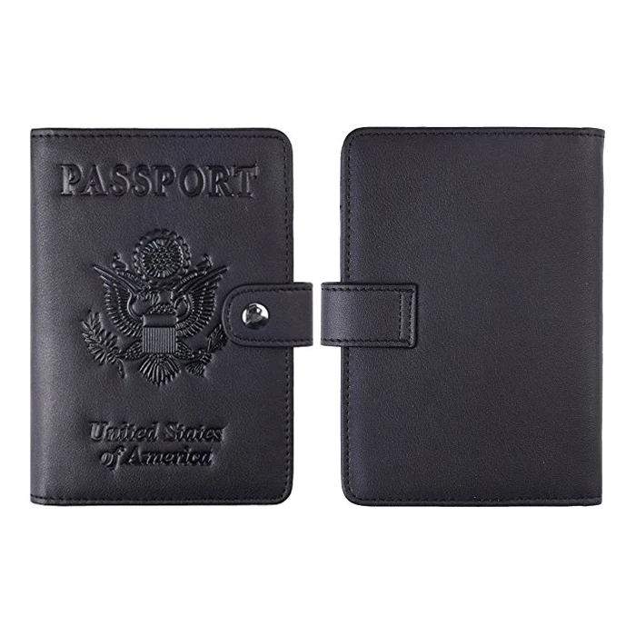 Custom Embossed with RFID Blocking Passport Holder Fancy PU Leather Passport Wallet Cover Case with Button
