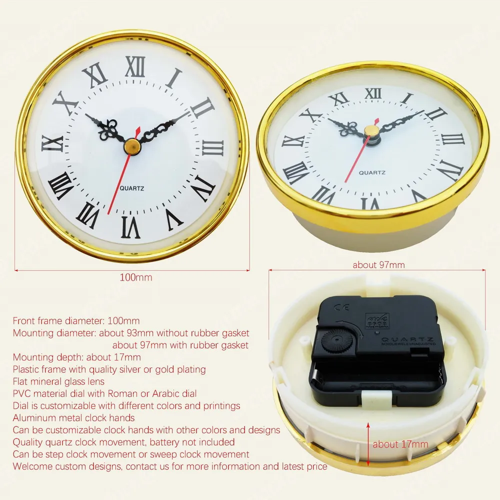 
100mm decorative gold plating plastic frame mineral glass lens quartz clock movement small clock fit up 