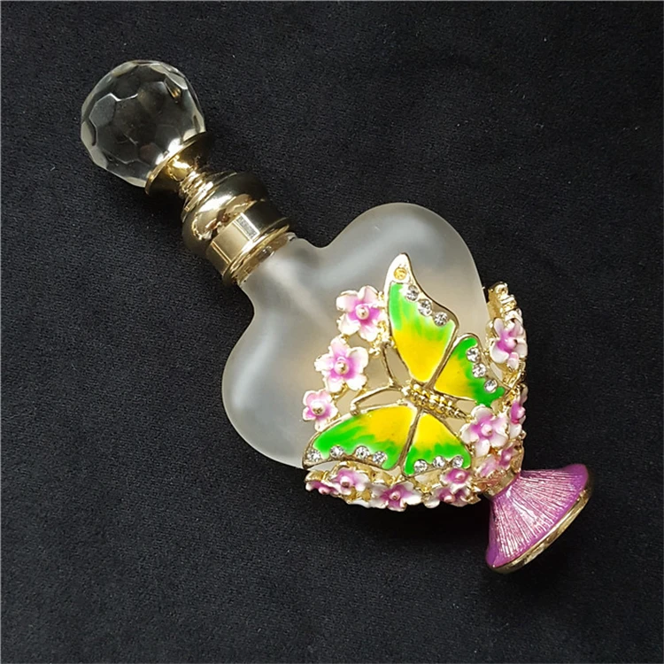 Pink Butterfly- Flower Big Heart Shaped Fog White Alloy Perfume Bottle 10ml Collectible Gift Decorative for Living Room