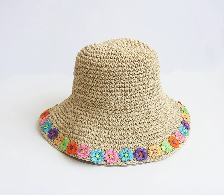 Flower female wild summer sun protection bucket folding handmade straw hats for women