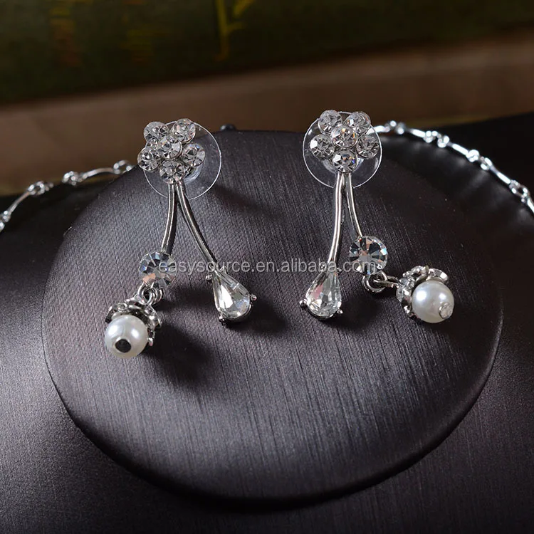 Elegant Flower Diamond Necklace Earring Set Rhinestone Pearl Wedding Jewelry Set