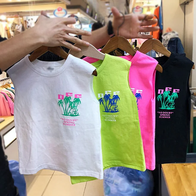 KS1023  Fashion print unisex fashion kids sleeveless neon t-shirt