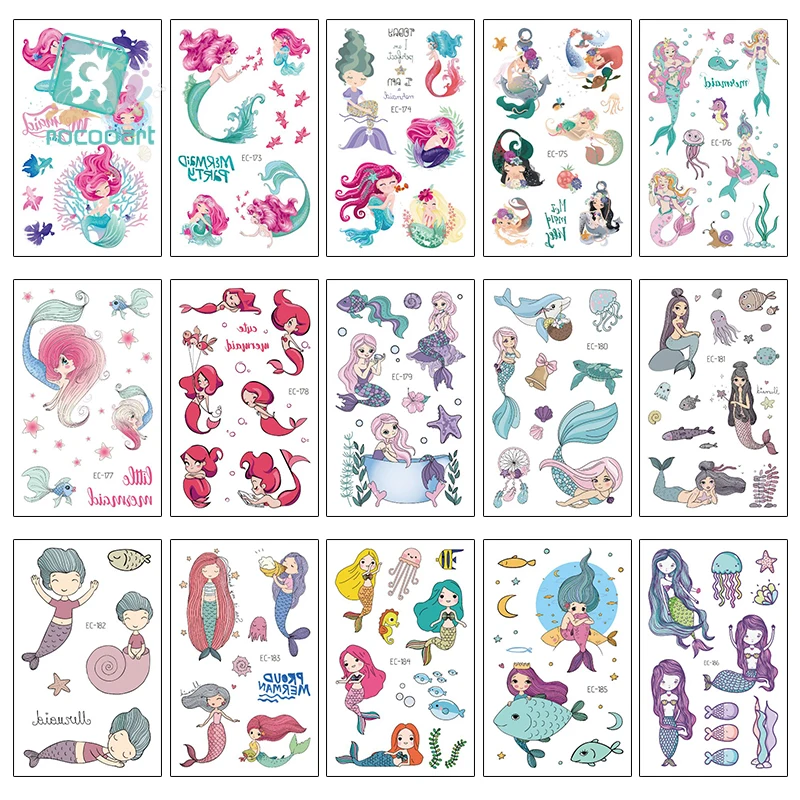 New Mermaid Designs Tattoo Temporary Waterproof Fish Girl Princess Design Cartoon Small Tattoo Sticker For Children Girls