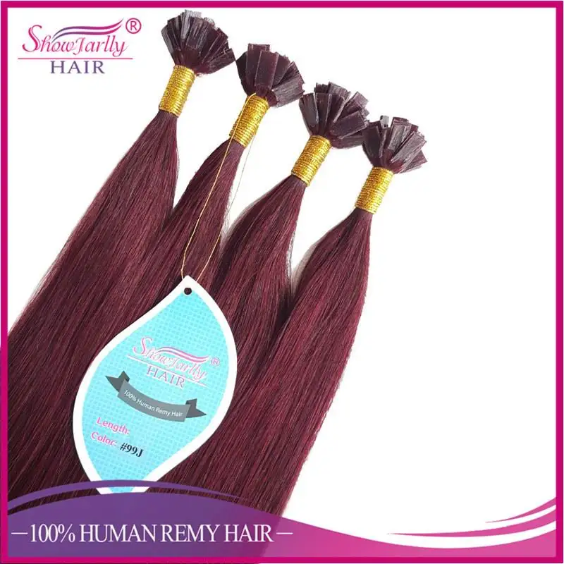
Keratin hair extension russian human hair red plum wine color prebonded flat tip hair extensions 